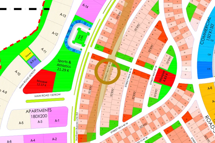 Street 7 in the West sector on the Margalla Enclave master plan, marked with a ring