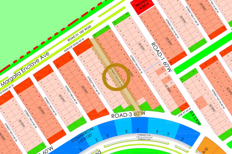 Street 8 in the North-East sector on the Margalla Enclave master plan, marked with a ring