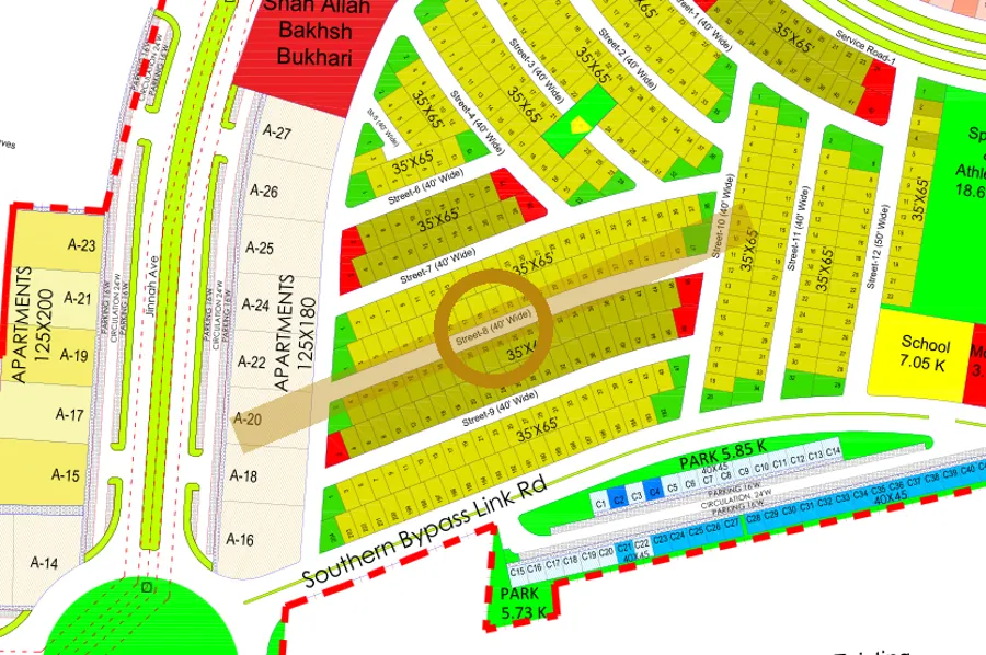 Street 8 in the South-West sector on the Margalla Enclave master plan, marked with a ring