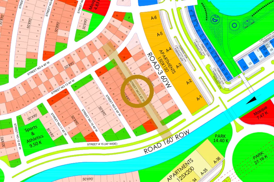 Street 8 in the West sector on the Margalla Enclave master plan, marked with a ring