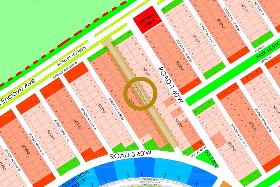 Street 9 in the North-East sector on the Margalla Enclave master plan, marked with a ring