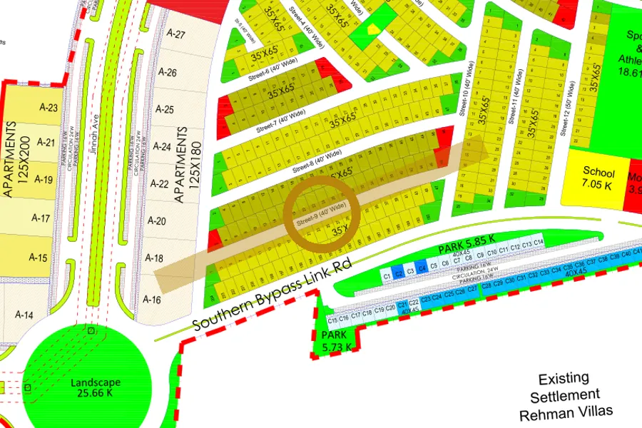 Street 9 in the South-West sector on the Margalla Enclave master plan, marked with a ring