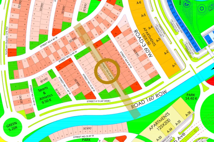 Street 9 in the West sector on the Margalla Enclave master plan, marked with a ring
